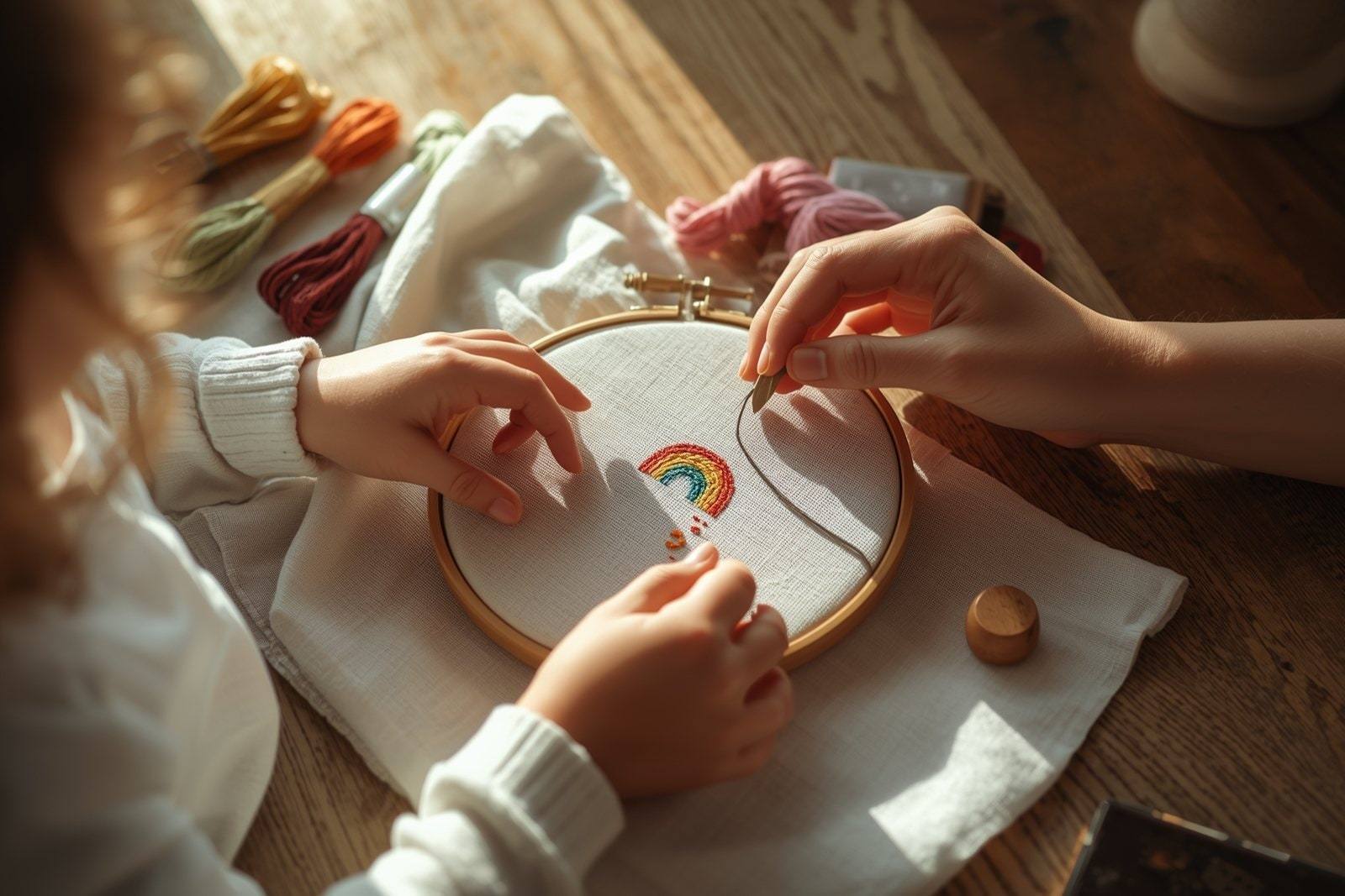 A child's hands and an adult's hands stitching together on one embroidery hoop