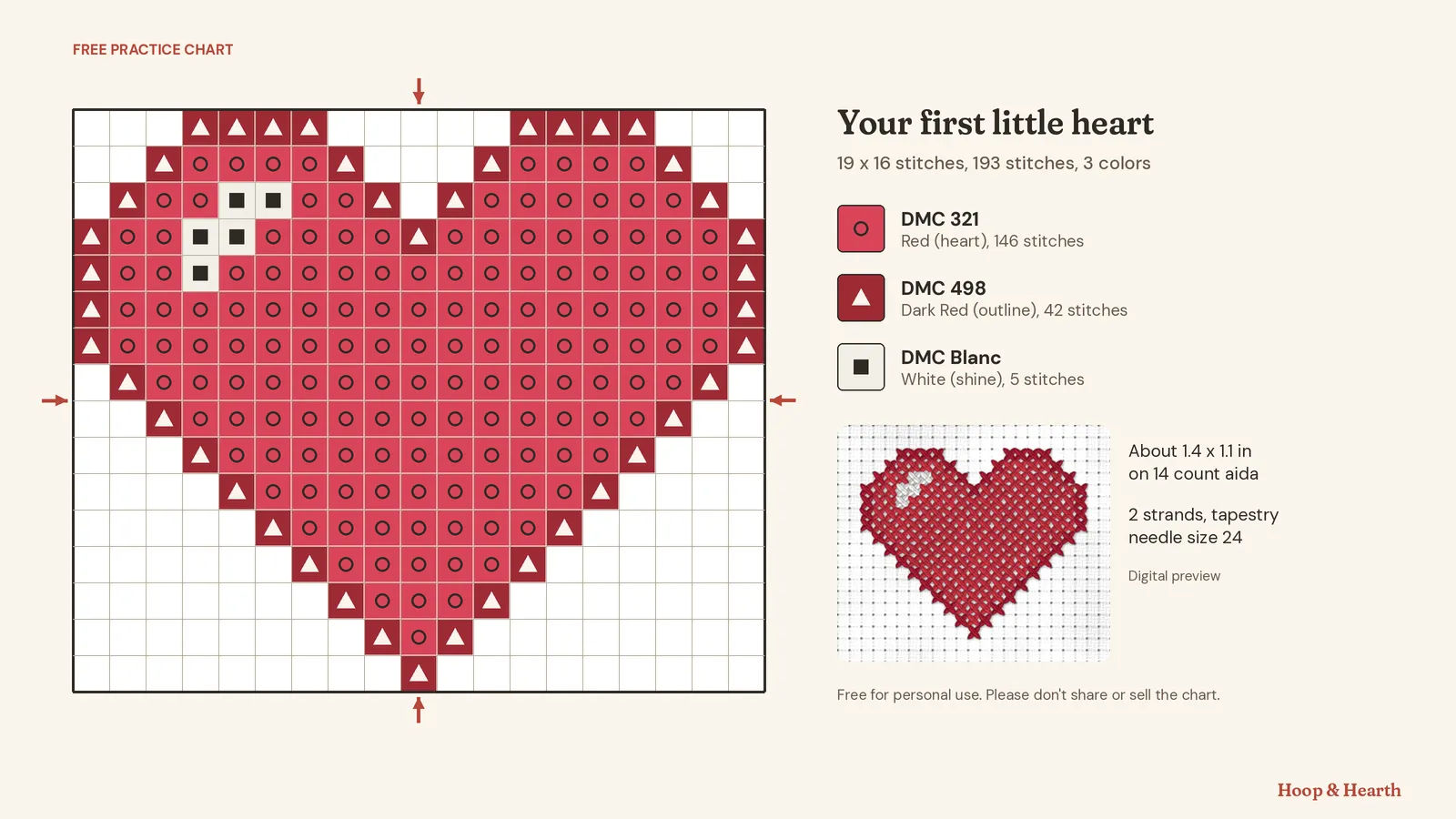 Free cross stitch chart of a little heart, 19 by 16 stitches. DMC 321 red for the heart with 146 stitches, DMC 498 dark red for the outline with 42 stitches and DMC Blanc for a small white shine with 5 stitches. Red arrows mark the center. A digital preview shows the stitched heart, about 1.4 by 1.1 inches on 14 count aida