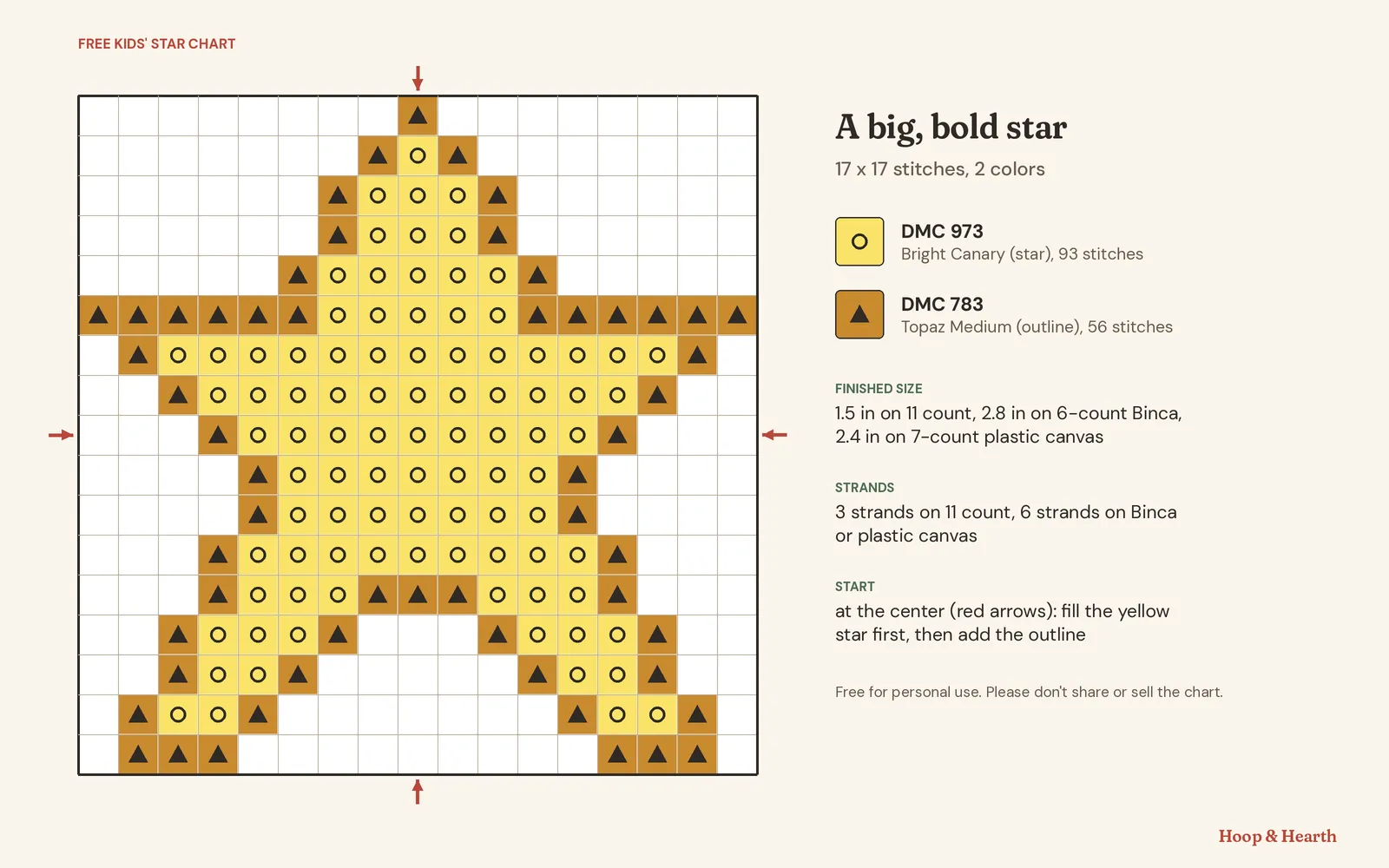 Free cross stitch chart of a big bold star, 17 by 17 stitches. Yellow DMC 973 for the star with 93 stitches and golden brown DMC 783 for the outline with 56 stitches. Finished size about 1.5 inches on 11 count, 2.8 inches on 6-count Binca and 2.4 inches on 7-count plastic canvas