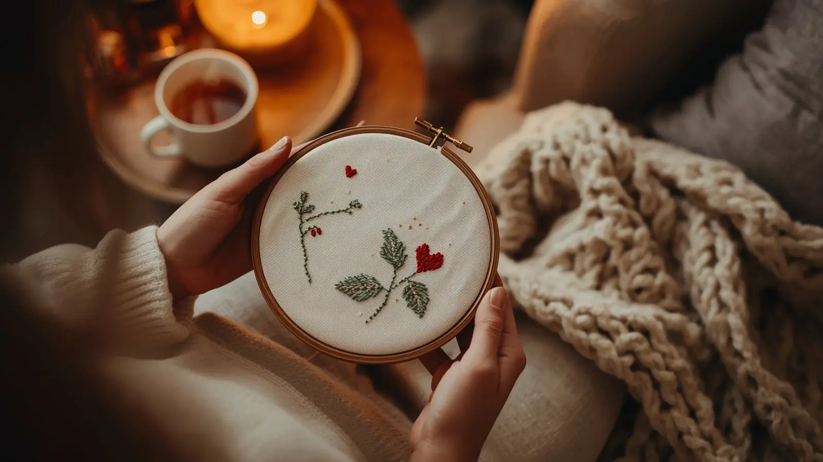 Hands holding a wooden embroidery hoop with a half-finished cross stitch under warm lamp light