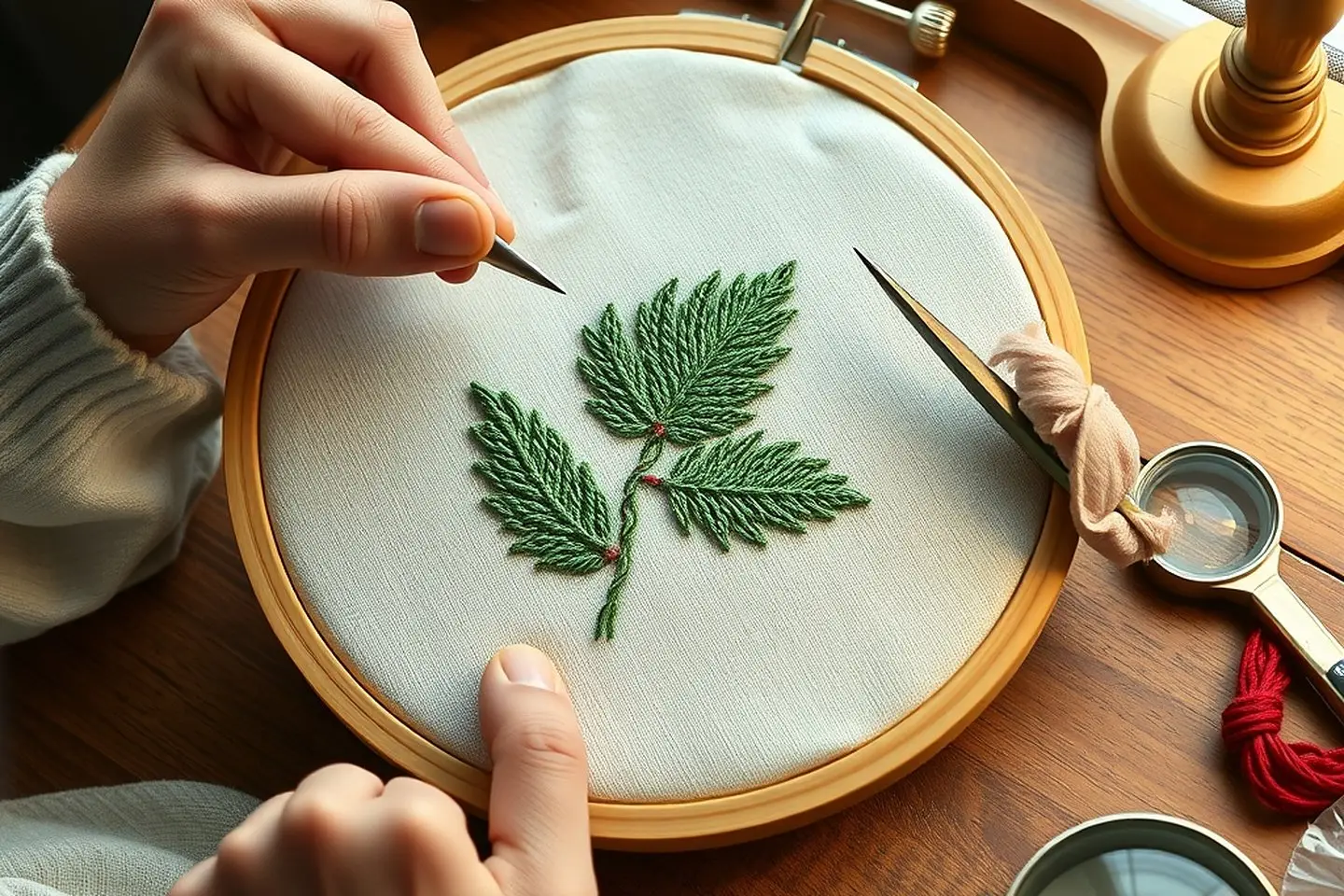 Hands using a seam ripper on a green leaf motif in a hoop, with scissors, a magnifier and red floss nearby