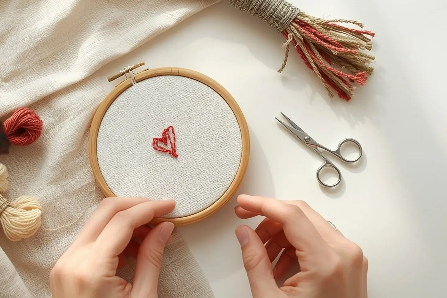 Hands holding a small wooden hoop with one red stitched heart, beside floss skeins and small scissors on cream linen