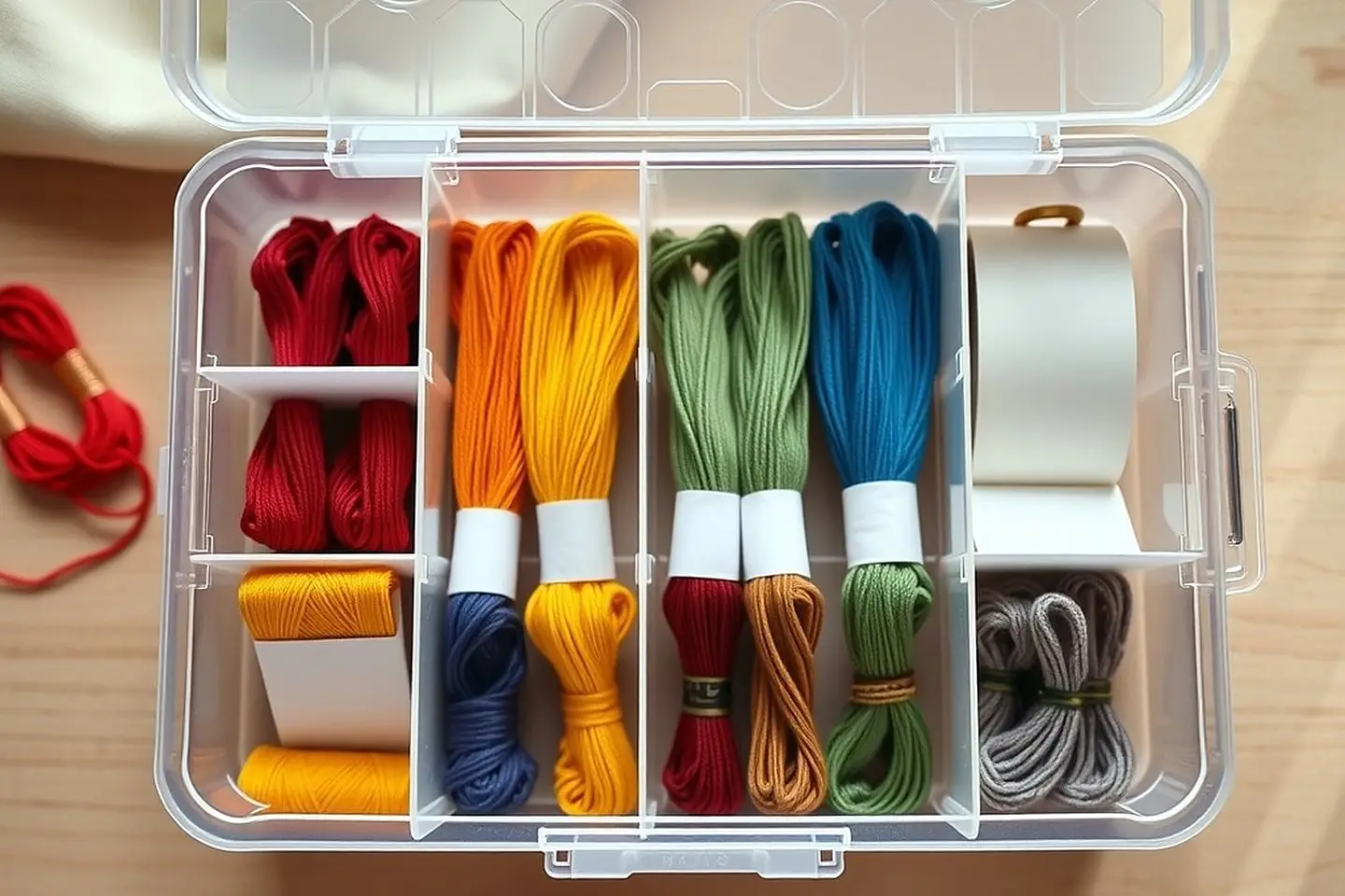 Embroidery floss wound on bobbins in a clear organizer box, sorted in rainbow order