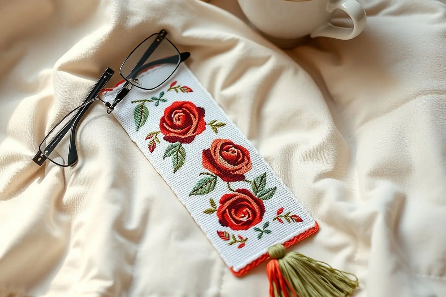 A finished cross stitch bookmark with three red roses and a sage green tassel lying on a cream quilt beside reading glasses and a teacup