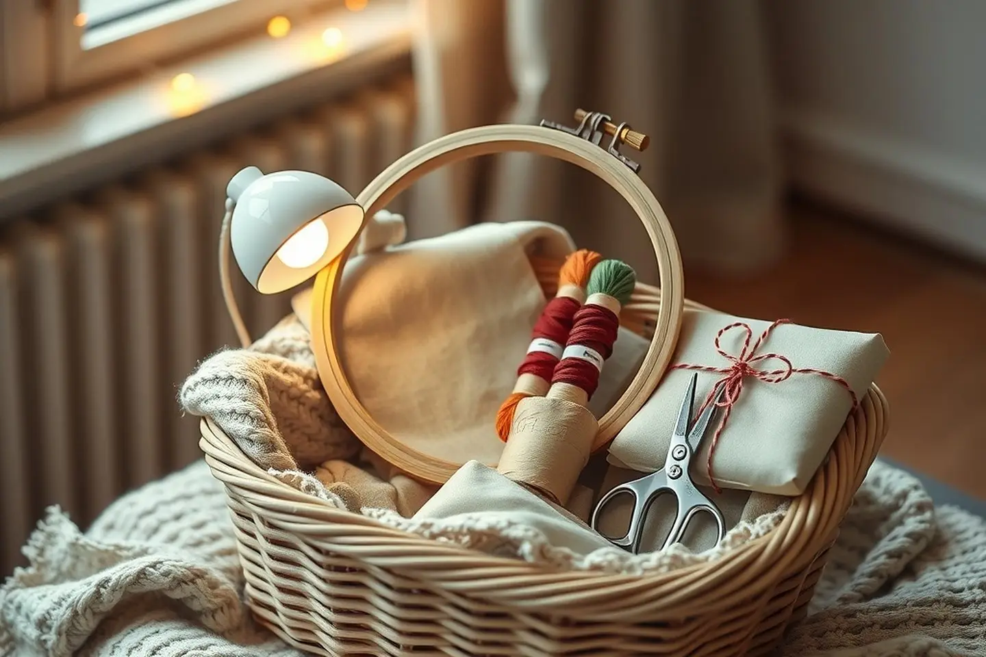 A gift basket with a hoop, skeins of floss, a small lamp, embroidery scissors and a wrapped parcel on a knitted throw