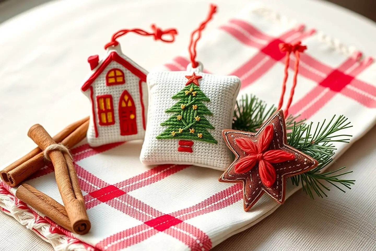 Three stitched Christmas ornaments, a cottage with glowing windows, a green tree with a gold star and a red folk star, on a checked napkin with cinnamon and pine