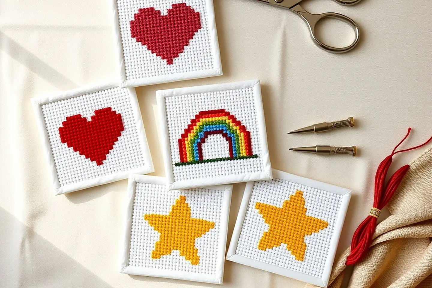 Small finished cross stitch squares on white aida, red hearts, a rainbow and yellow stars, on a pale table with scissors and red floss