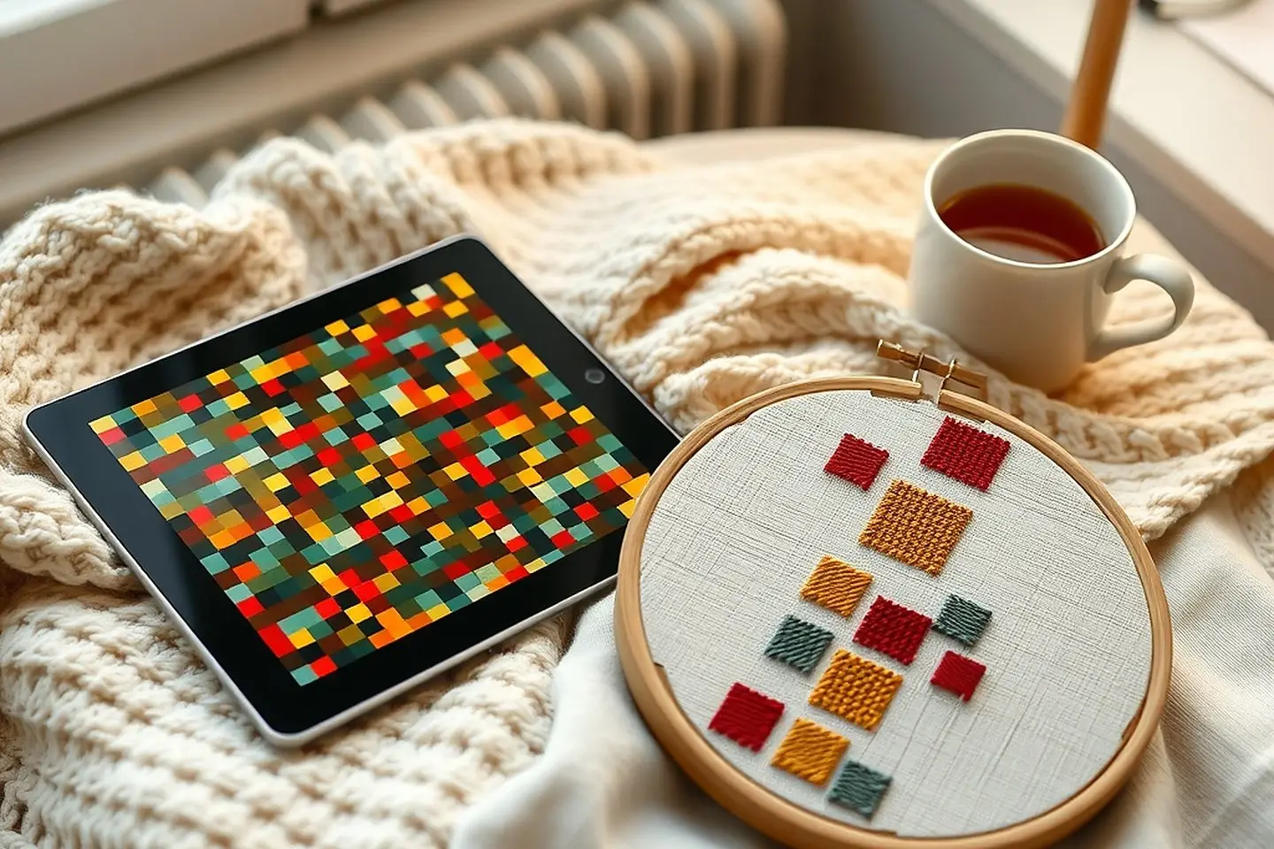 A tablet showing a colorful grid chart on a knit blanket beside a hoop with matching blocks of red, mustard and sage cross stitches and a cup of tea