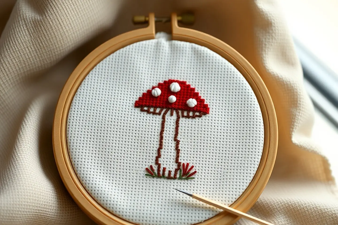 A small cross stitched red toadstool in a wooden hoop, outlined in dark brown backstitch with raised white French knot spots on the cap, a needle resting beside it