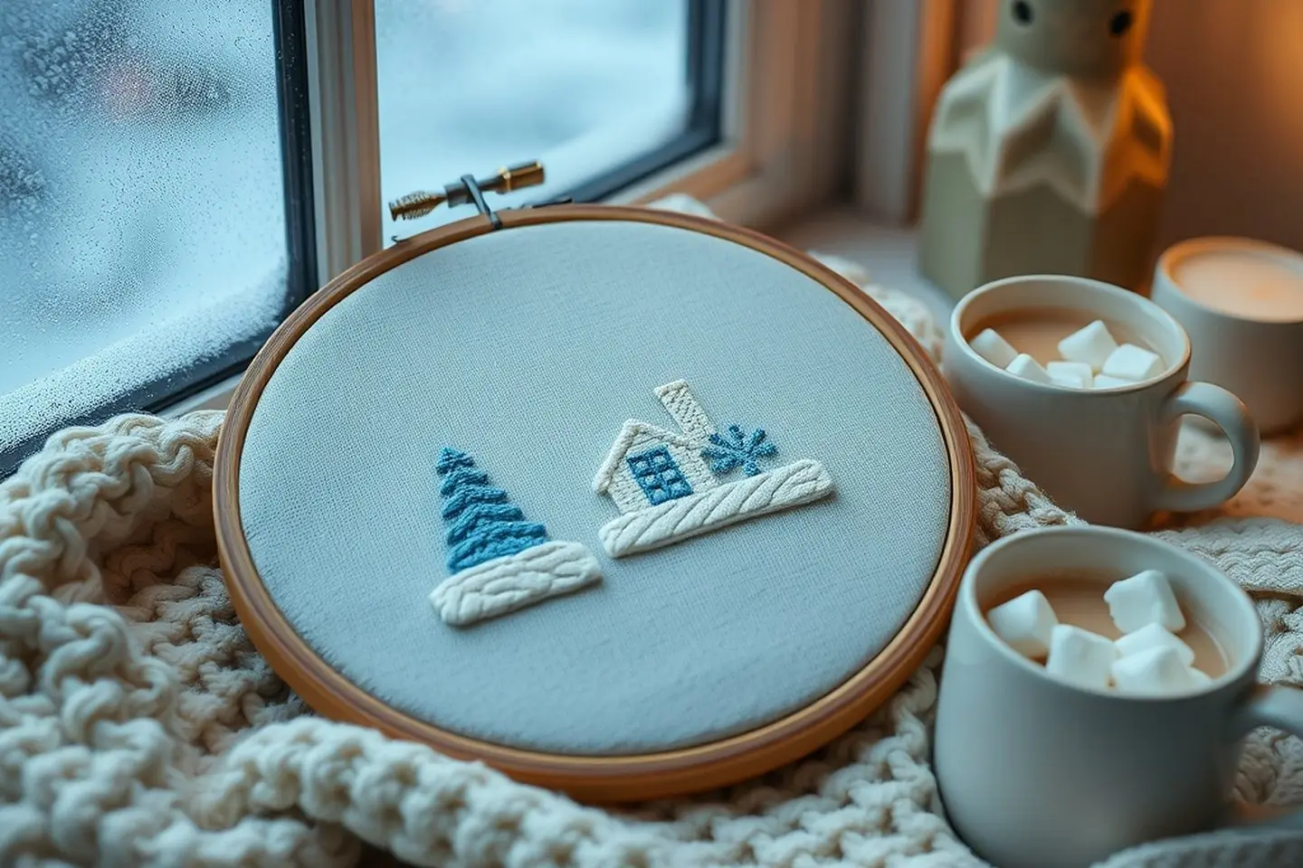 A hoop with a stitched snowy cottage and tree on pale blue fabric, on a knit blanket beside a frosted window and mugs of cocoa