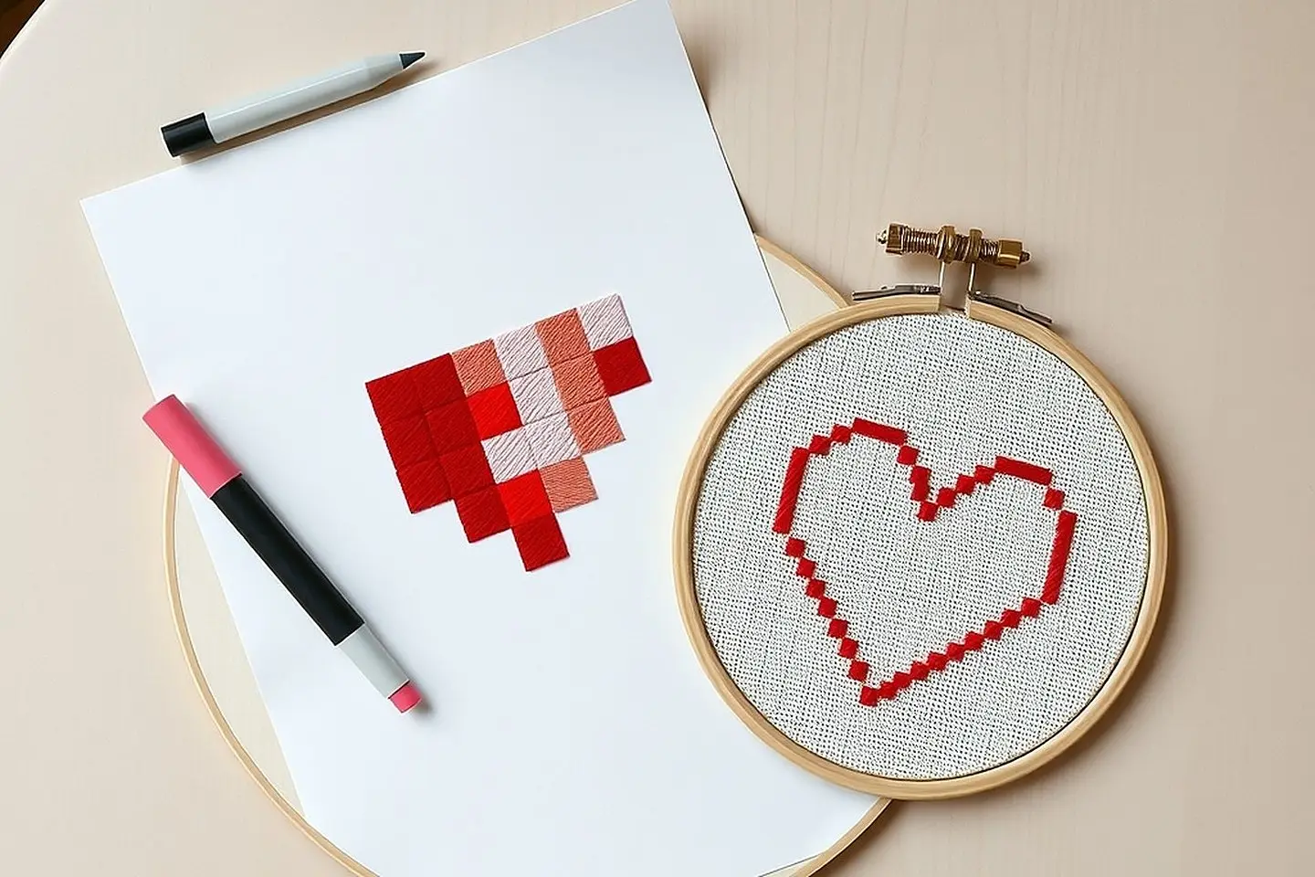 A grid chart of a red heart next to a hoop with the same heart stitched in red