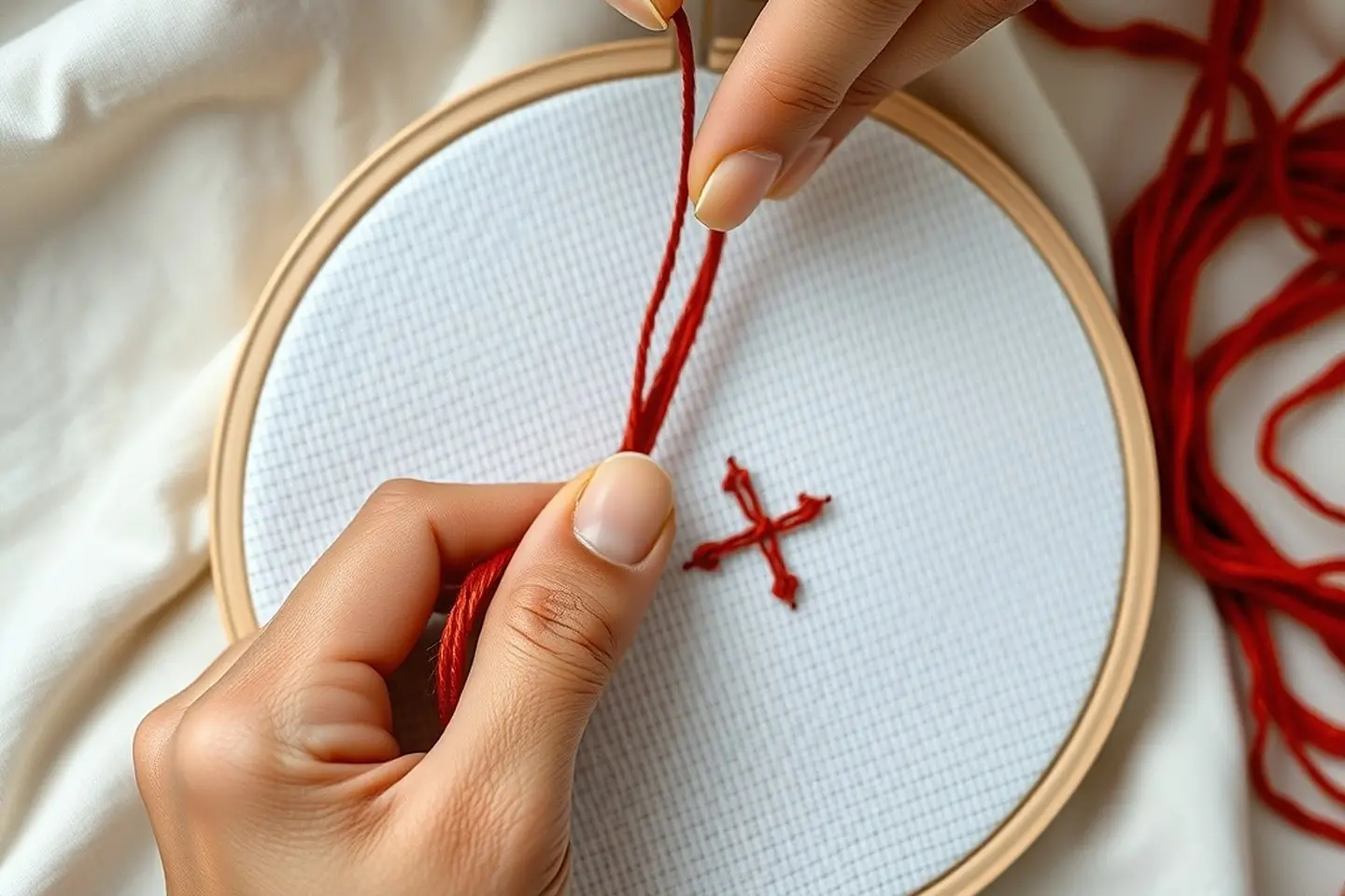 Hands pulling a single strand from a length of red floss above a hoop of white aida