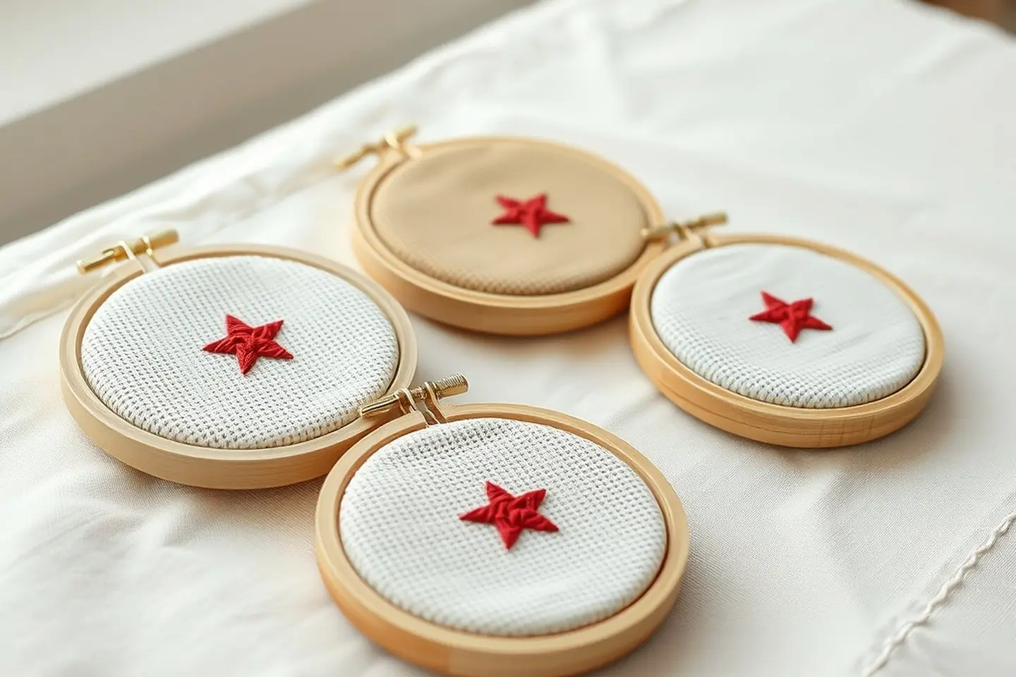 Four small wooden hoops holding white and oatmeal aida of different counts, each with the same small red cross stitched star