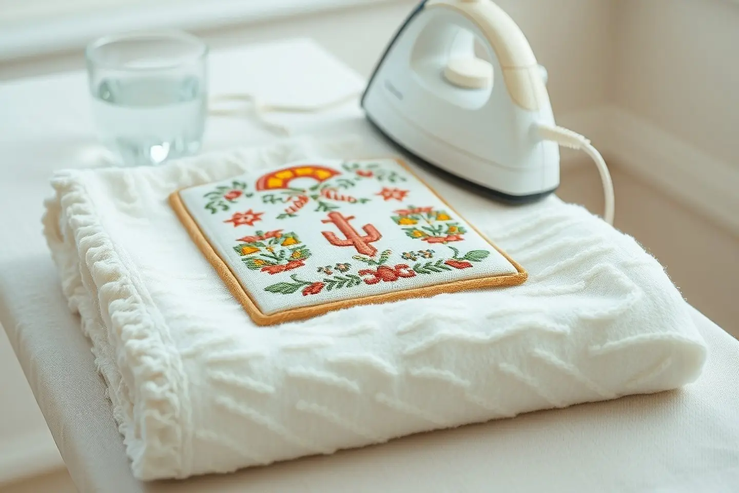 A finished cross stitch lying on a fluffy white towel next to an iron and a glass of clear water