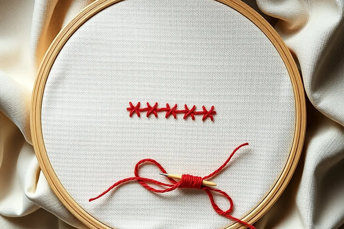 A hoop of white aida with a short row of red cross stitches and a needle threaded with a folded loop of red floss