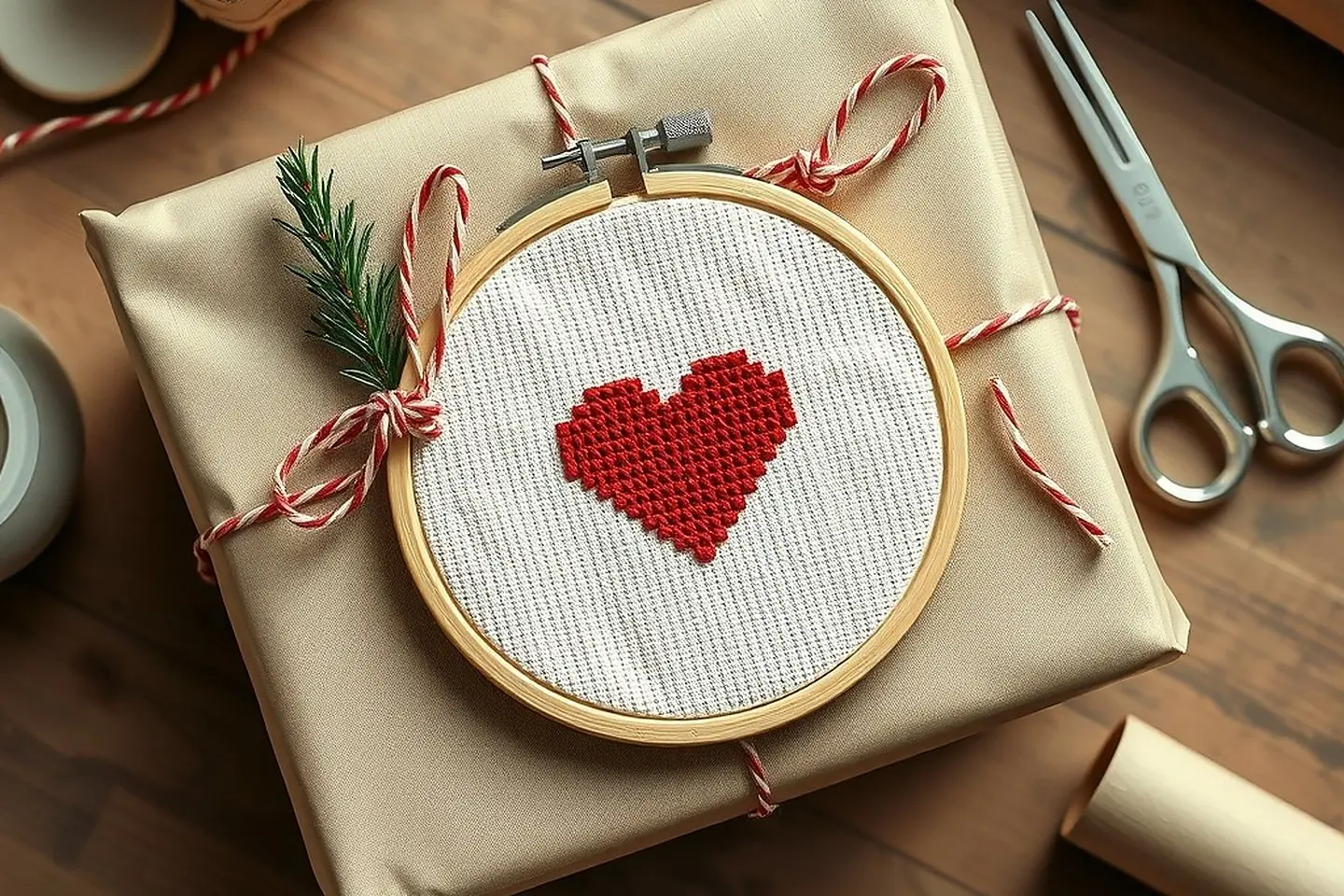 A small hoop with a stitched red heart tied onto a kraft paper gift with red and white twine and a pine sprig