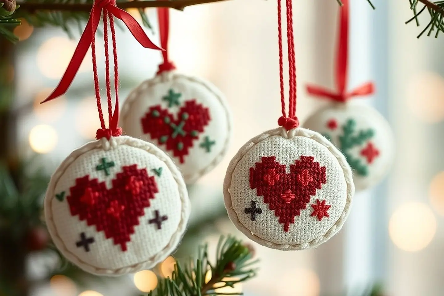 Handmade cross stitched ornaments with red ribbon hanging on a Christmas tree