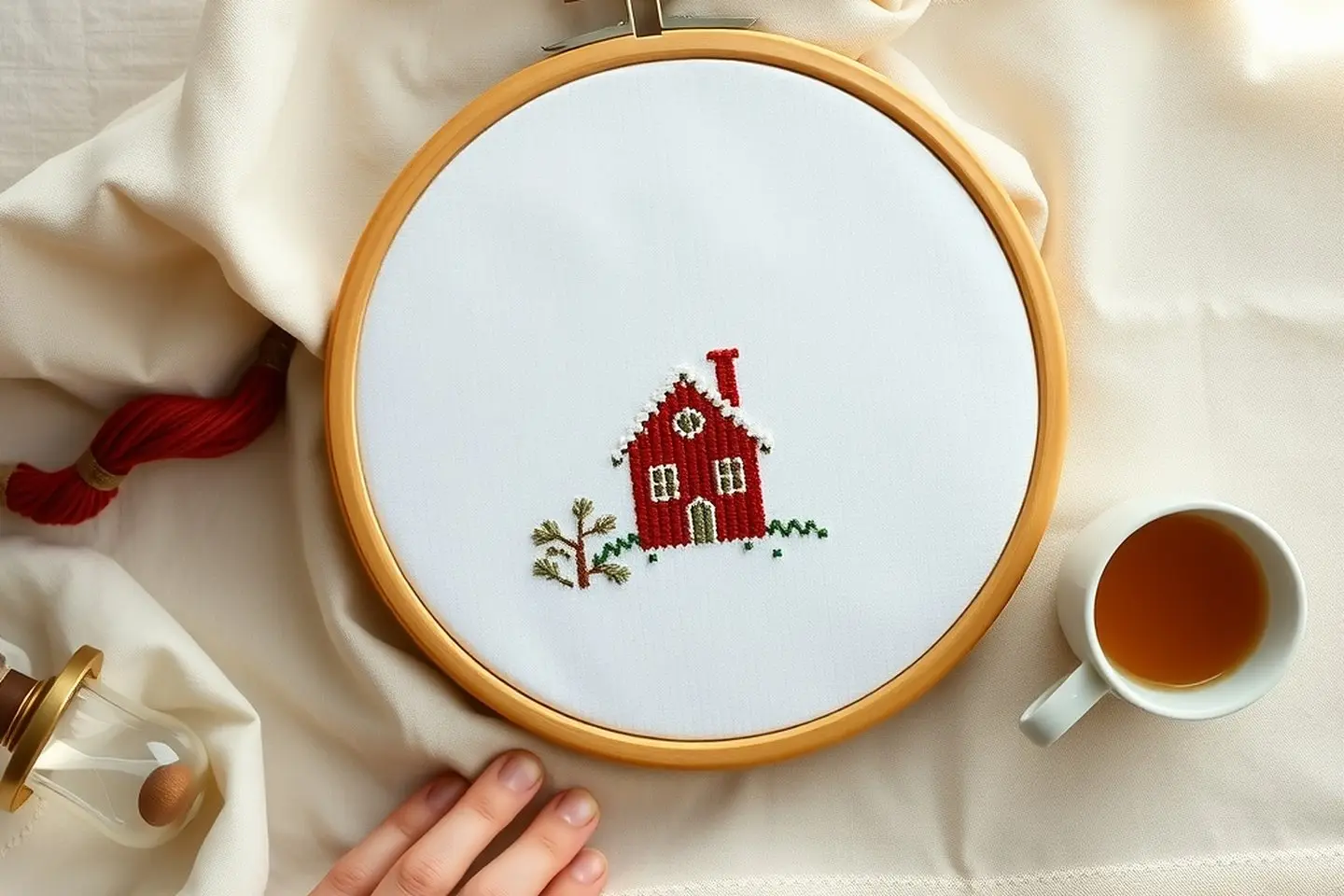 A hoop with a small stitched red cottage on white aida beside a cup of tea and a small hourglass on a linen tablecloth