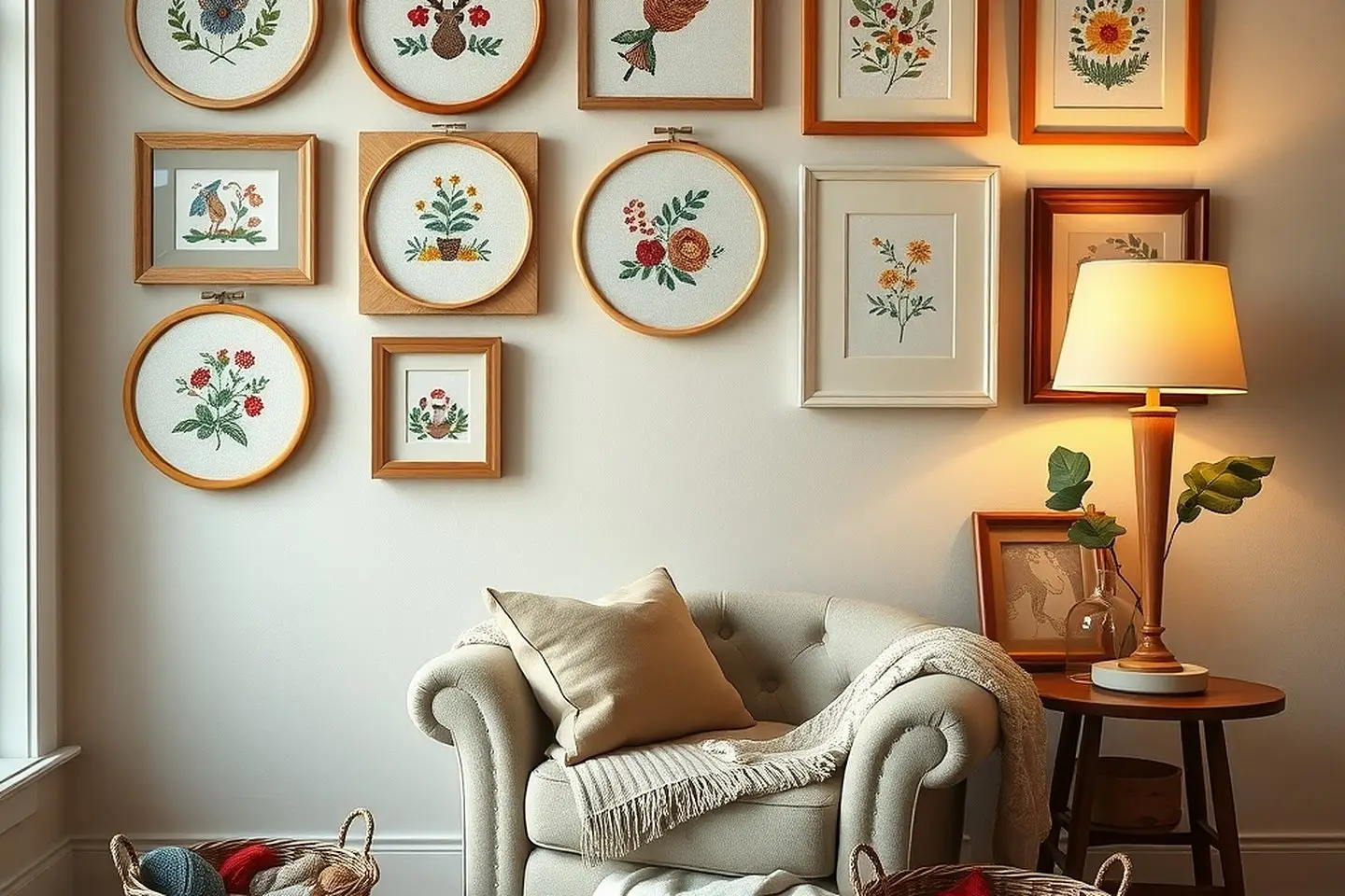 A gallery wall of finished cross stitch in wooden hoops and oak frames above an armchair in warm evening light