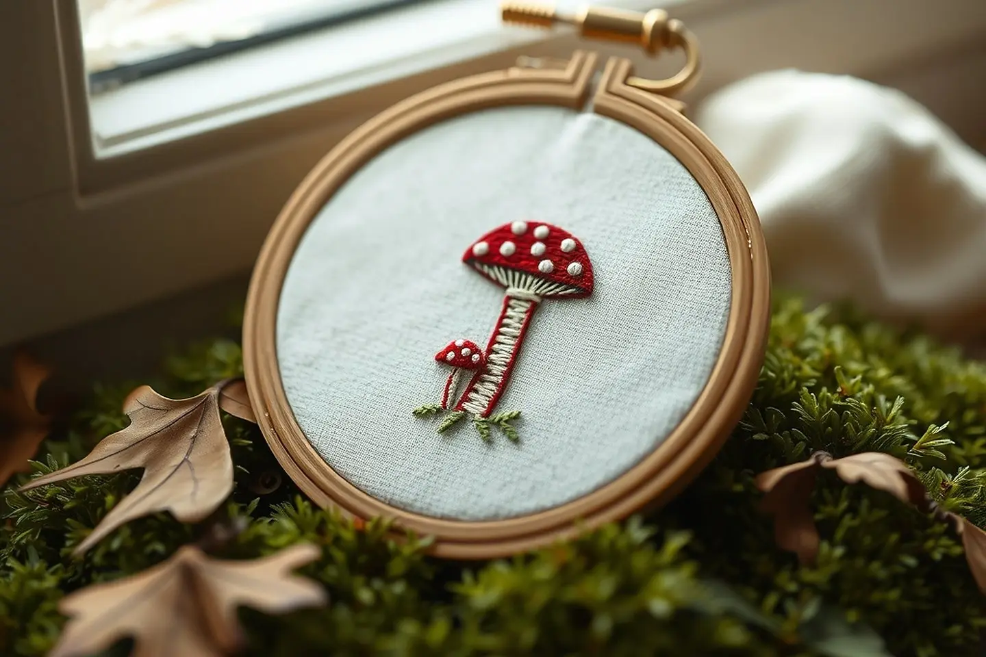 A stitched red toadstool with white spots in a small wooden hoop resting on green moss and fallen oak leaves