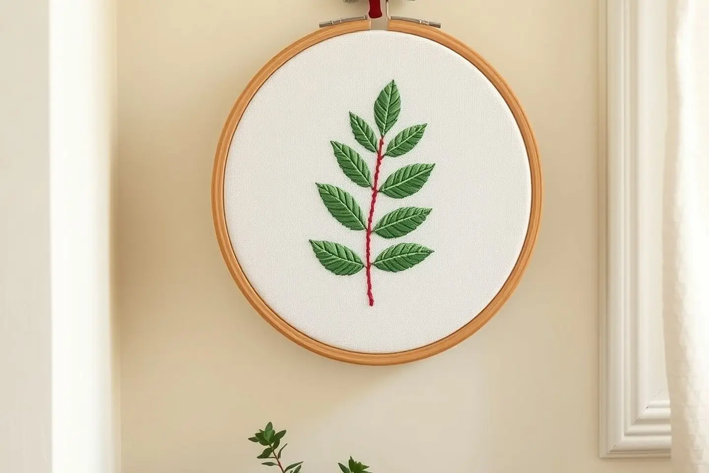 A finished sage green leafy sprig displayed in a wooden embroidery hoop, fabric drum-tight, hanging on a cream wall