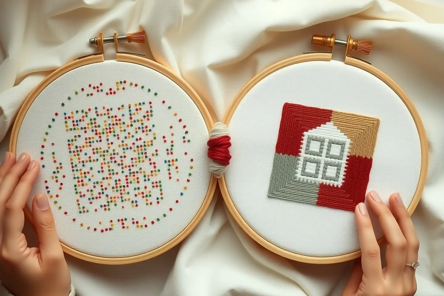 Two cross stitch hoops on linen, one speckled with scattered single stitches and one with clean blocks of color, with a twist of red floss between them