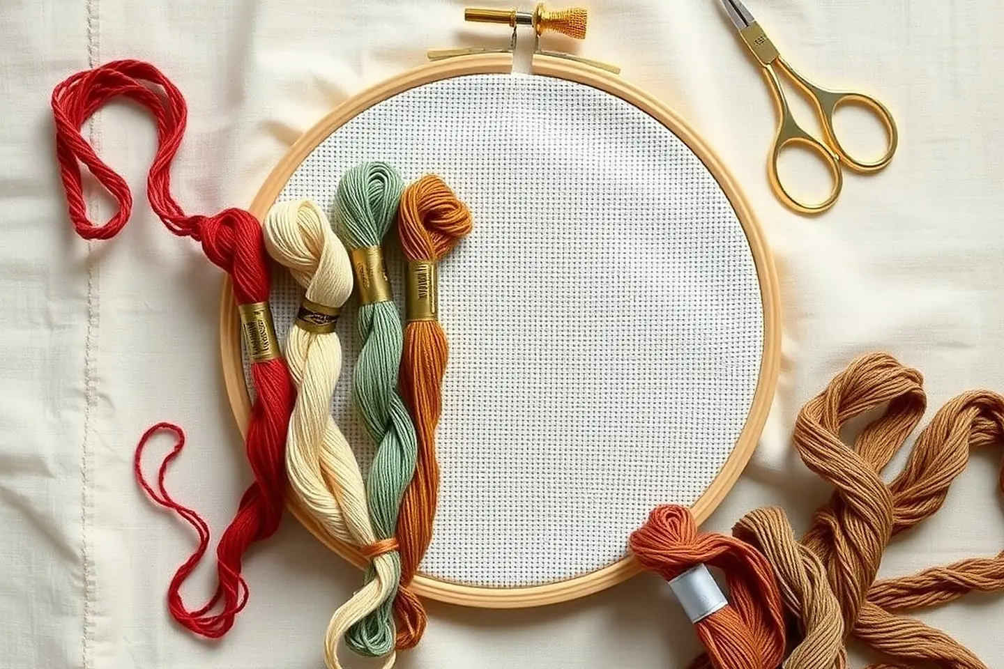 Flat lay of cross stitch supplies on cream linen: white aida in a wooden hoop, embroidery floss skeins and gold stork scissors