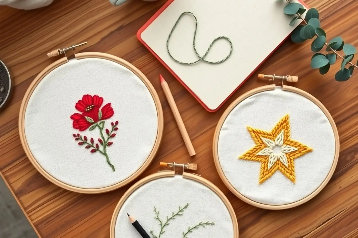 Three embroidery hoops with works in progress, a red flower, a mustard star and a sage sprig, on a wooden desk with a notebook, a pencil and eucalyptus