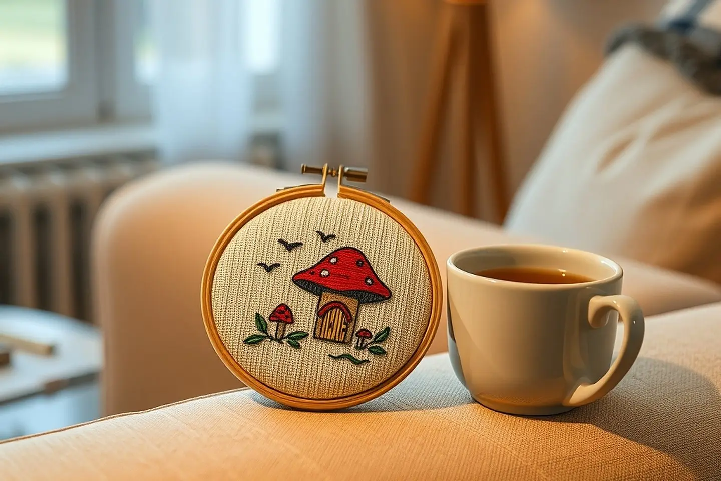 A small wooden hoop with a stitched red toadstool cottage on the arm of a cream sofa next to a mug of tea in warm lamp light