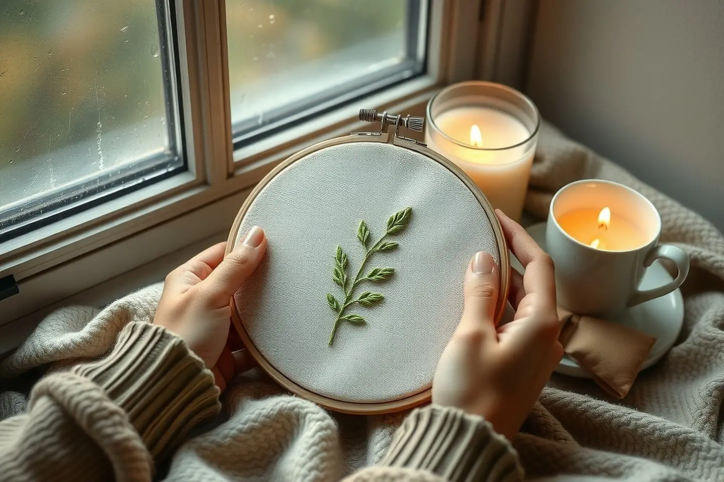 Hands resting a hoop with a stitched sage sprig on a wool blanket by a rainy window with a candle and tea