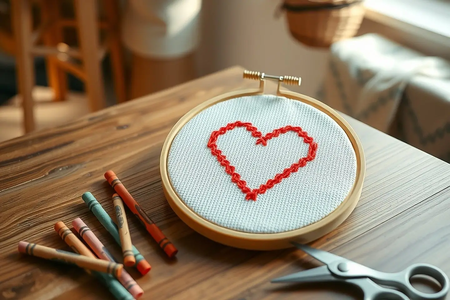 A beginner hoop with a big red cross stitched heart on white aida beside crayons and scissors on a wooden kitchen table