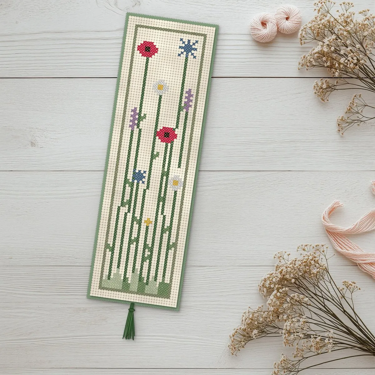 Digital preview rendered from the chart of the Wildflower Meadow bookmark: poppies, daisies, cornflowers and lavender on tall green stems inside a sage border, on oatmeal aida with a sage felt back and tassel
