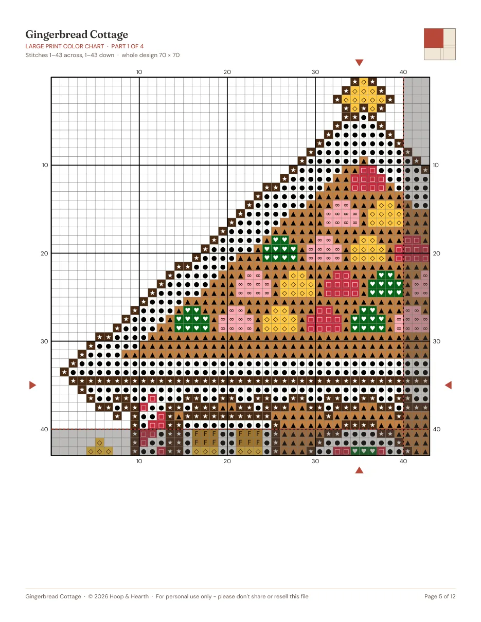 A full large print color chart page for the Gingerbread Cottage pattern