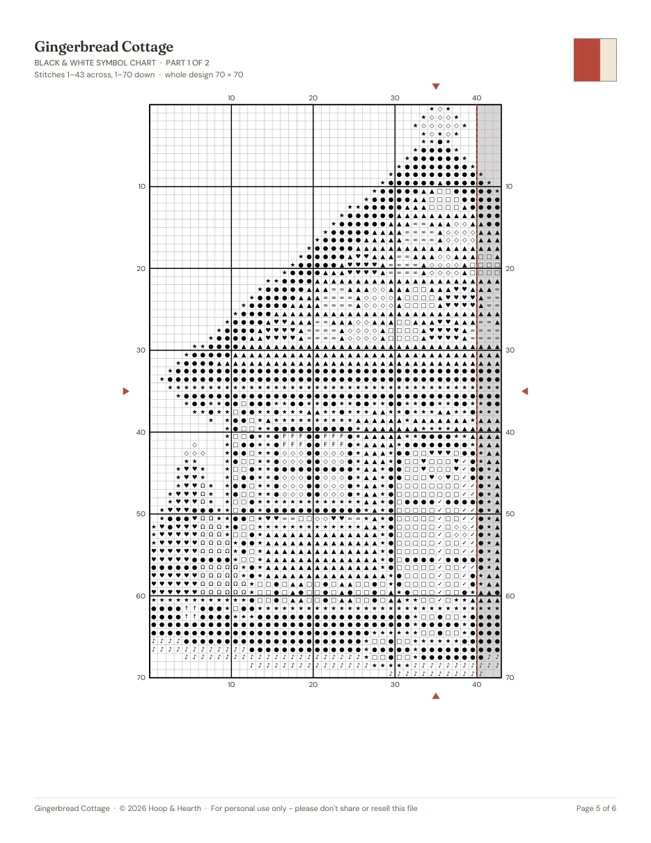 A full standard black and white chart page for the Gingerbread Cottage pattern