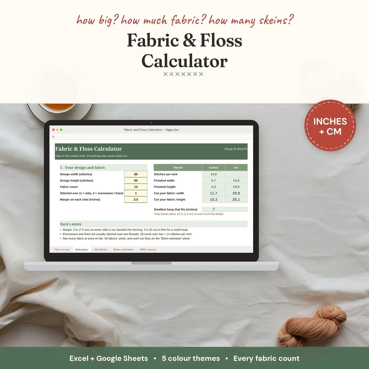 Cross Stitch Fabric & Floss Calculator Spreadsheet (Excel + Google Sheets) – cover image