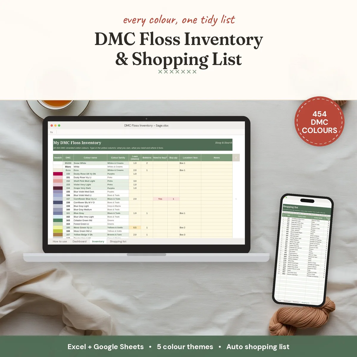 DMC Floss Inventory & Shopping List Spreadsheet (Excel + Google Sheets) – cover image