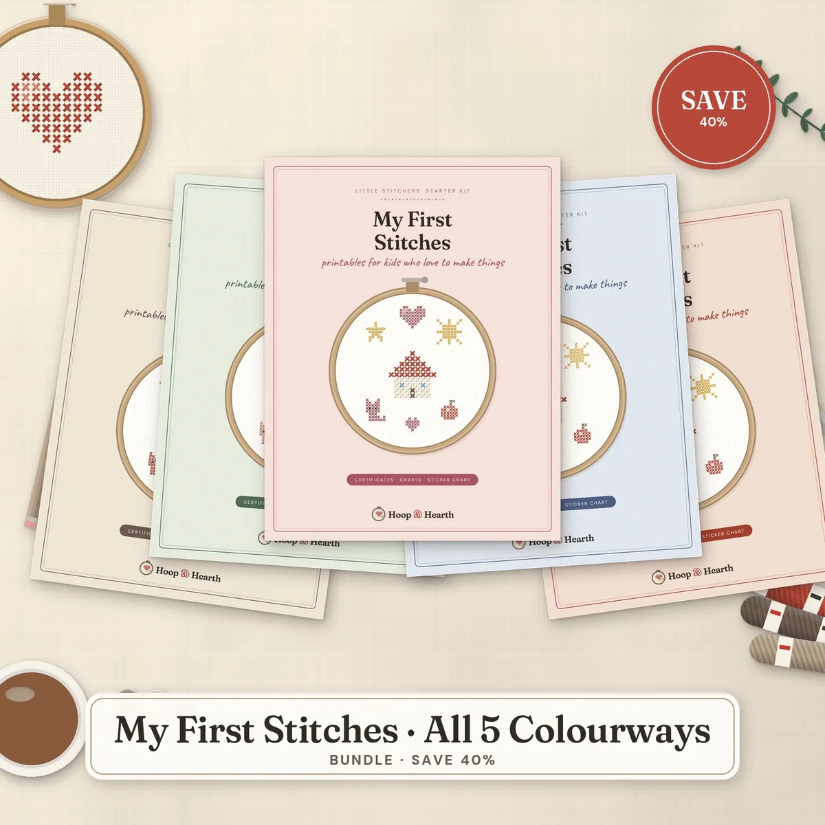 My First Stitches: Kids' Cross Stitch Starter Printables – All 5 Colorways Bundle – cover image