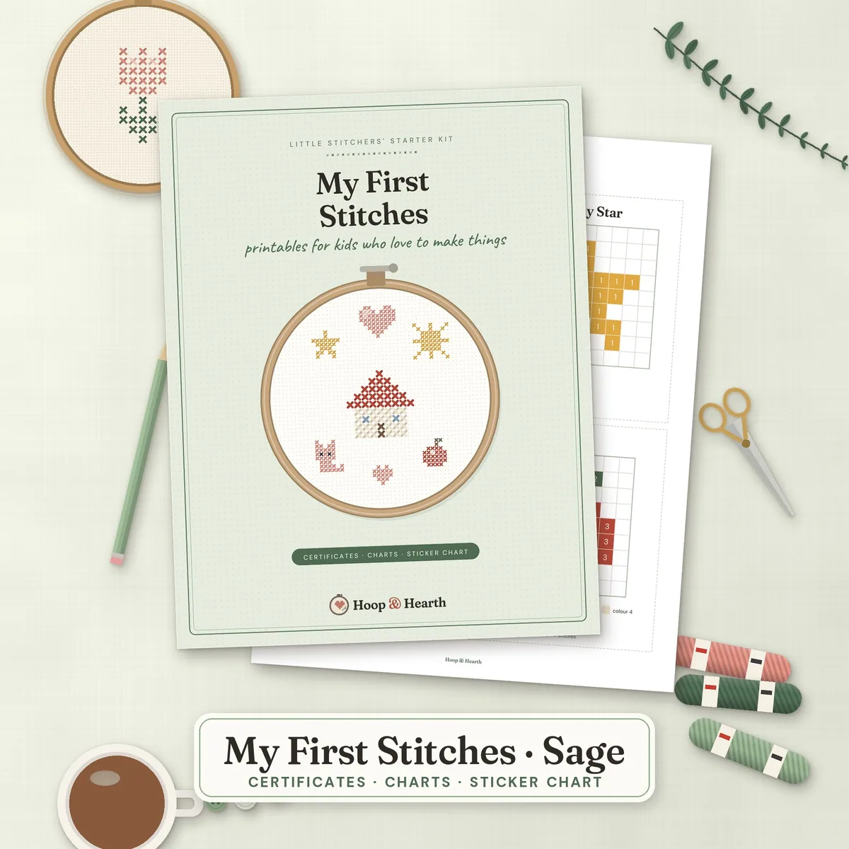 My First Stitches: Kids' Cross Stitch Starter Printables – Sage – cover image
