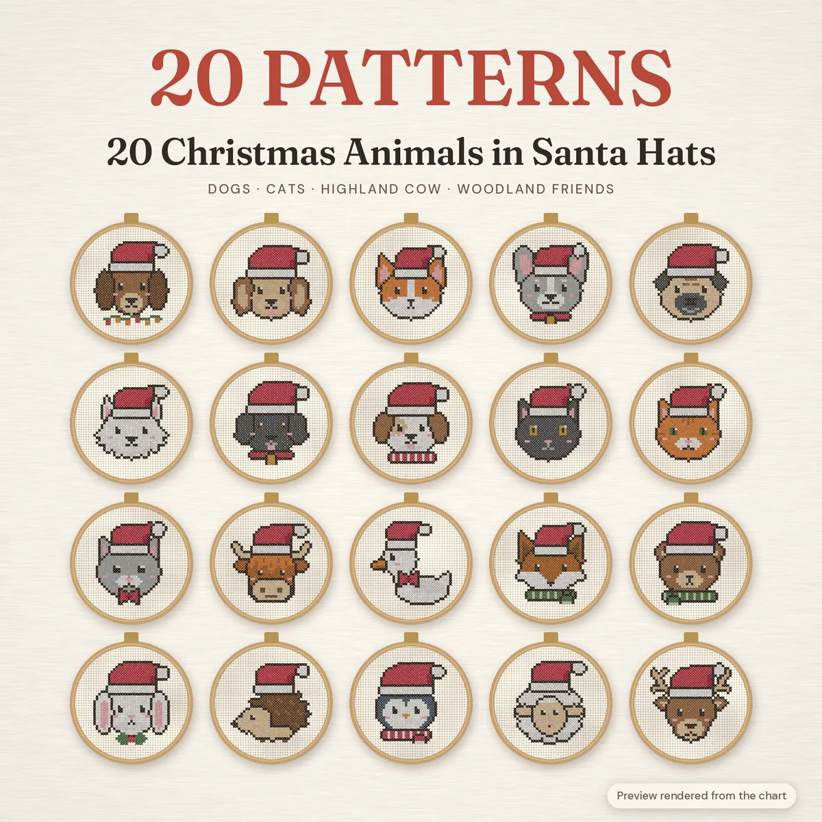 20 Christmas Animal Cross Stitch Patterns in Santa Hats – cover image