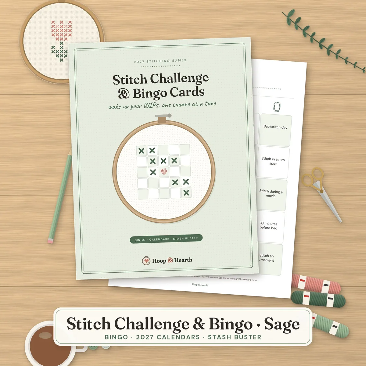 2027 Stitch Challenge & WIP Bingo Cards – Sage – cover image