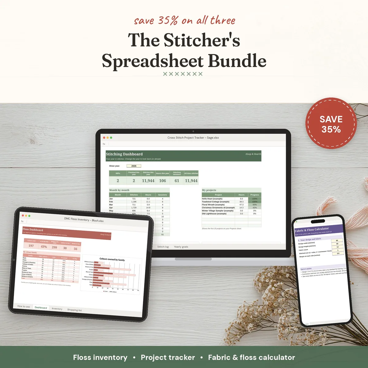 The Stitcher's Spreadsheet Bundle: Floss Inventory, Project Tracker & Fabric Calculator – cover image
